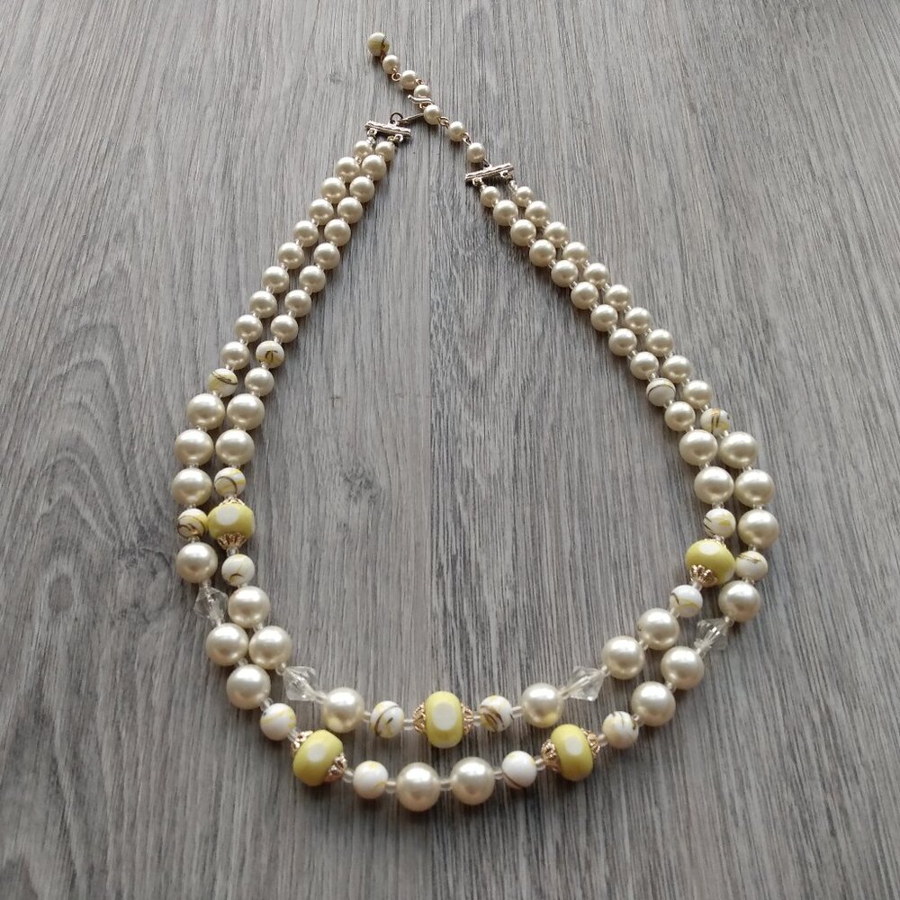 Vintage Faux Pearl Yellow Beaded Necklace Double Strands Rockabilly Retro Glam